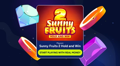Infographic shows Sunny Fruits 2 Hold and Win logo with a button saying Start Playing with Real Money.