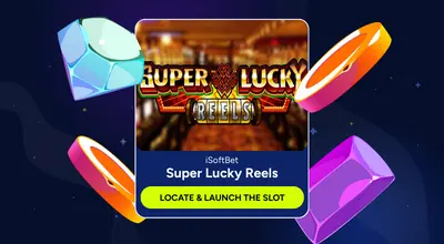 Infographic shows Super Lucky Reels logo, button says Locate & Launch the Game.