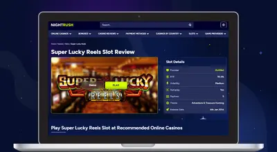 Laptop shows Nightrush website, Super Lucky Reels slot review.
