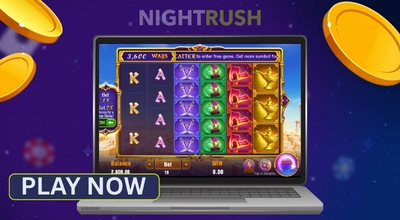 Laptop screen displaying the Magic Lamp slot with a Play Now button.