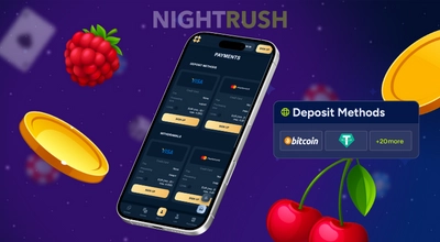 Smartphone showing various deposit and withdrawal methods including Visa, Mastercard, and Bitcoin.