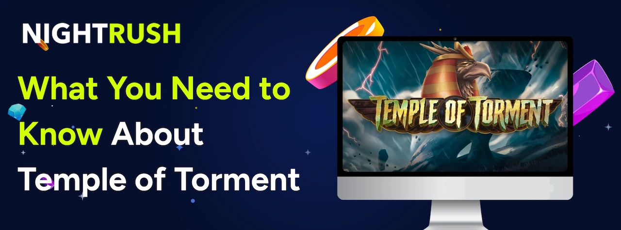 Laptop showing Temple of Torment logo & text on a blue background.