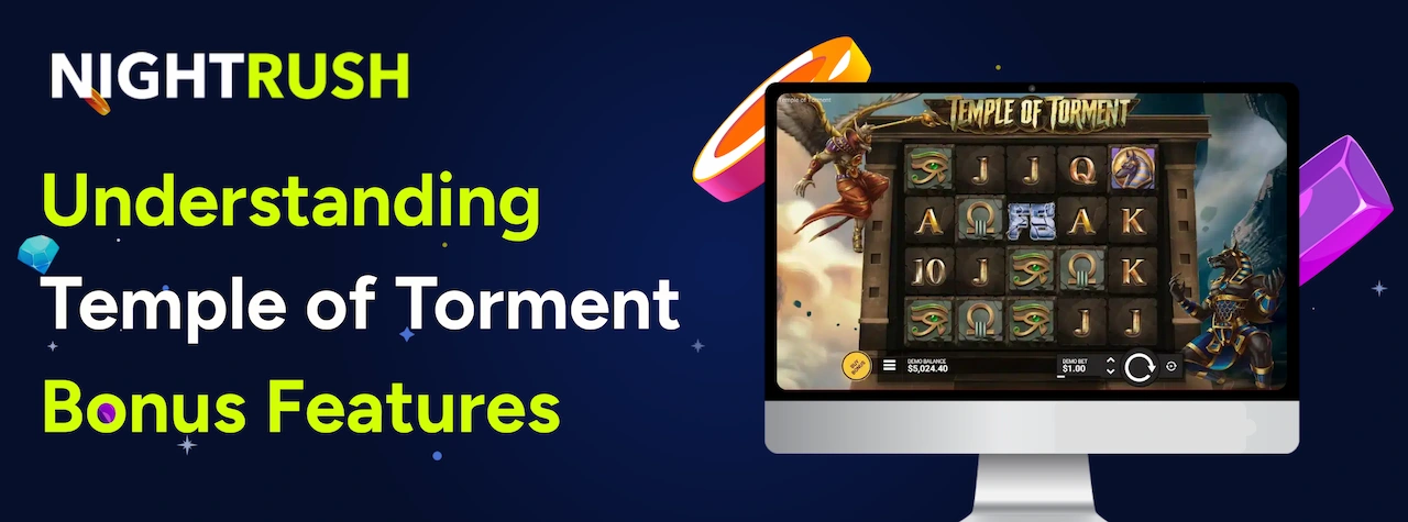 Laptop showing Temple of Torment gameplay & text on a blue background.