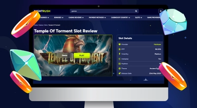 Laptop shows Nightrush website's Temple of Torment Slot Review page.
