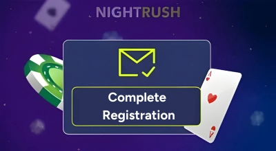 A blue Complete Registration button with a yellow envelope icon on a purple background.