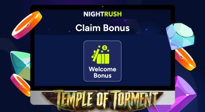 Laptop shows Welcome Bonus icon with a text saying Claim Now & Temple of Torment logo.