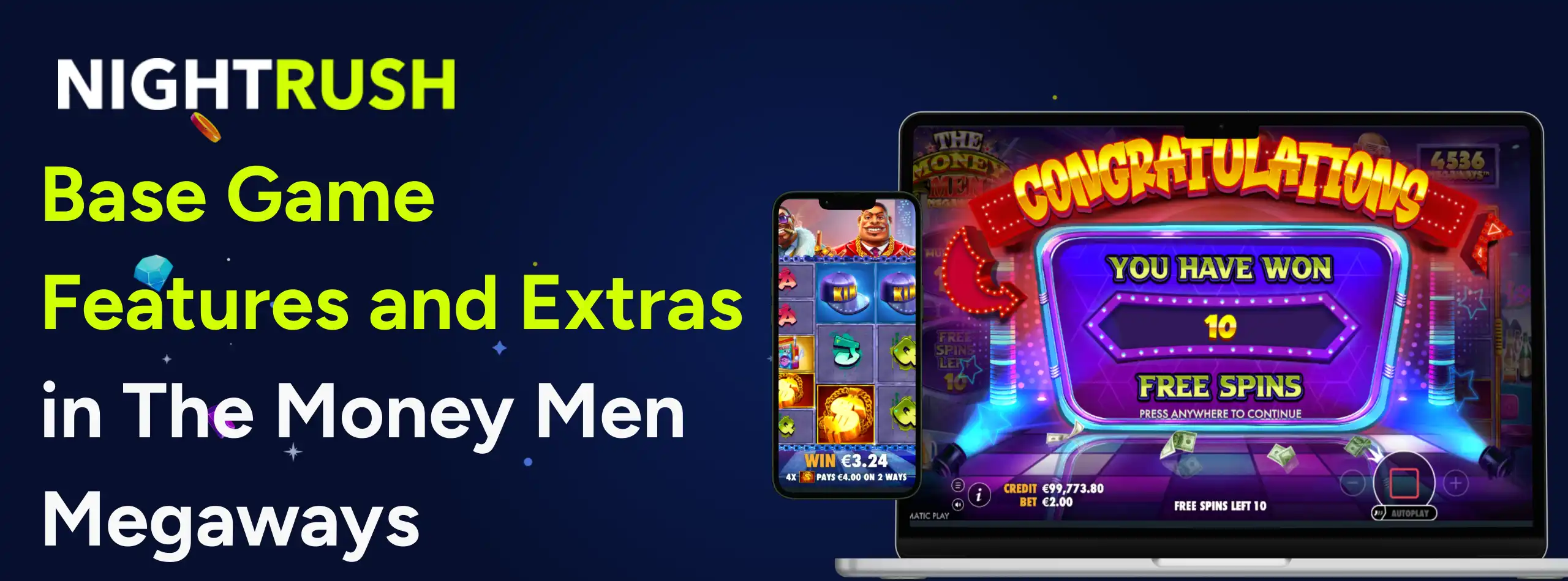 Laptop and smartphone screens displaying The Money Men Megaways slot game.