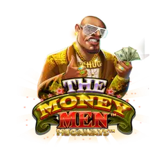 Gold and green The Money Men Megaways logo with a stylised cash and hip-hop theme.