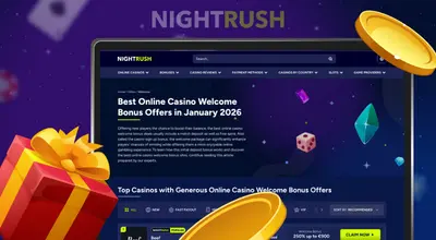 Laptop screen displaying the best online casino welcome bonus offers, featuring a red gift box and gold coins.