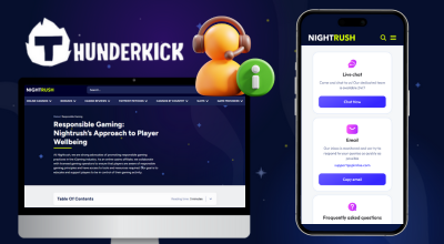 Laptop showing Nightrush website, phone showing support channels, Thunderkick logo.