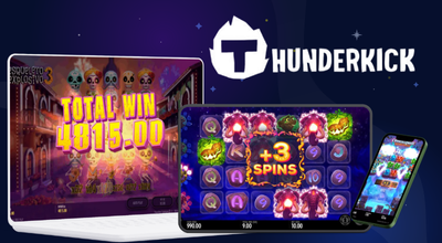 Laptop, tablet and phone showing Thunderkick games, Thunderkick logo.