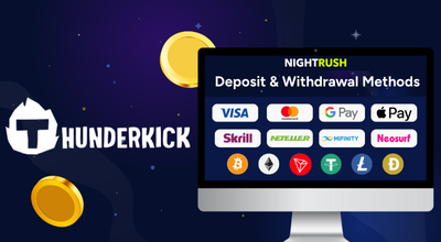 Laptop showing popular payment methods, Thunderkick logo on blue background.