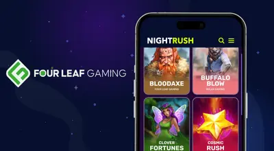 Smartphone displaying Four Leaf Gaming slots like Bloodaxe and Clover Fortunes next to the logo.