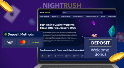 Laptop screen showing casino deposit methods and a Welcome Bonus claim box.