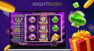 Laptop screen showing Super Joker with two vertical stacks of matching symbols and a wild joker.