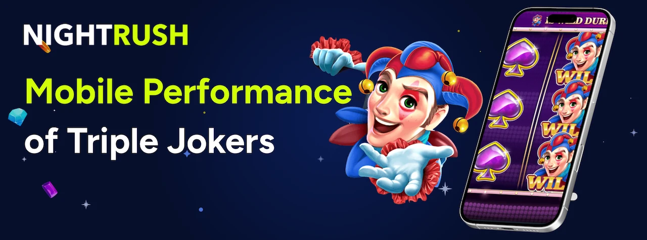 Smartphone showing Triple Jokers gameplay next to a jester character.