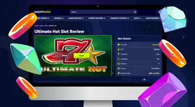 Laptop shows Nightrush website Ultimate Hot Slot Review page.