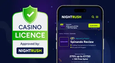Digital casino licence approved by NIGHTRUSH next to a Spinando Casino Review on a phone.