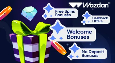 Infographic showing casino bonuses, Wazdan logo.