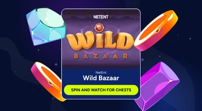 Wild Bazaar slot logo with spin and watch for chests text.