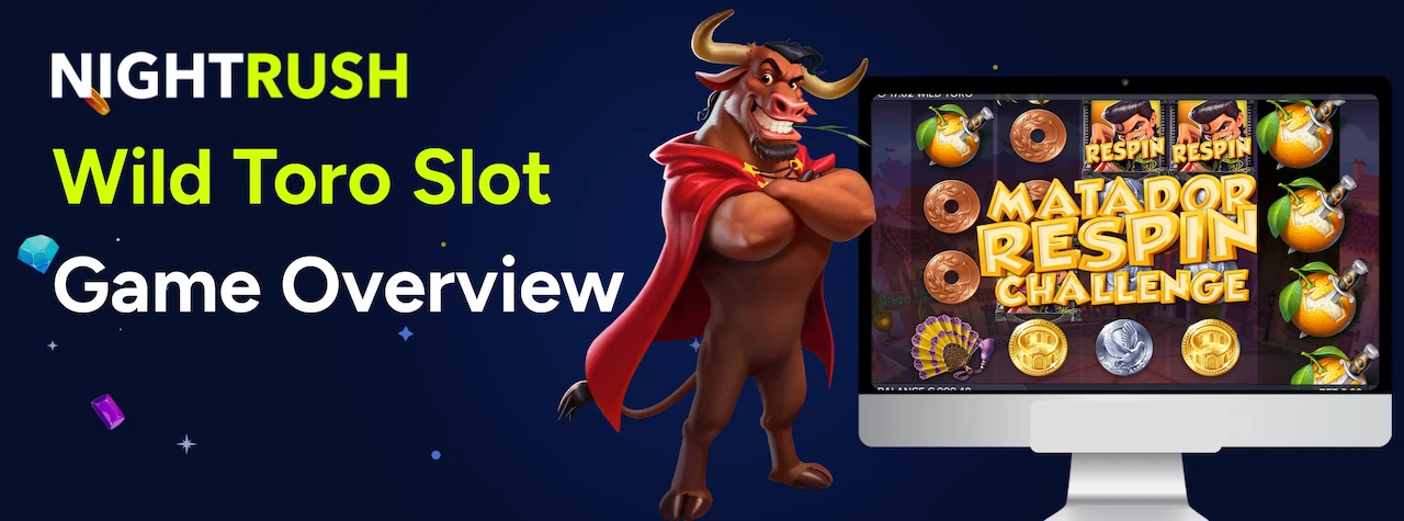 Muscular bull character next to a monitor showing Wild Toro slot Matador Respin Challenge.