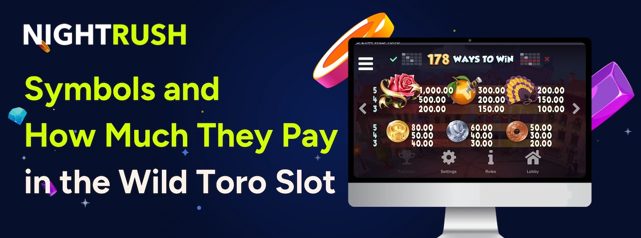 Monitor displaying Wild Toro paytable with roses and oranges next to 178 Ways to Win text.