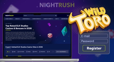 Laptop showing ELK Studios casino list for 2026 next to the Wild Toro logo and registration form.