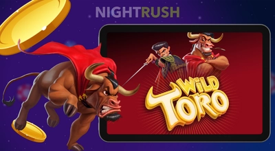 Tablet showing Wild Toro logo with characters next to an angry bull wearing a red cape.