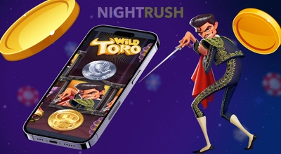 Smartphone showing Wild Toro slot reels next to a cartoon matador and falling gold coins.