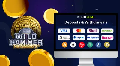 Laptop shows payment methods & Wild Hammer Megaways logo.