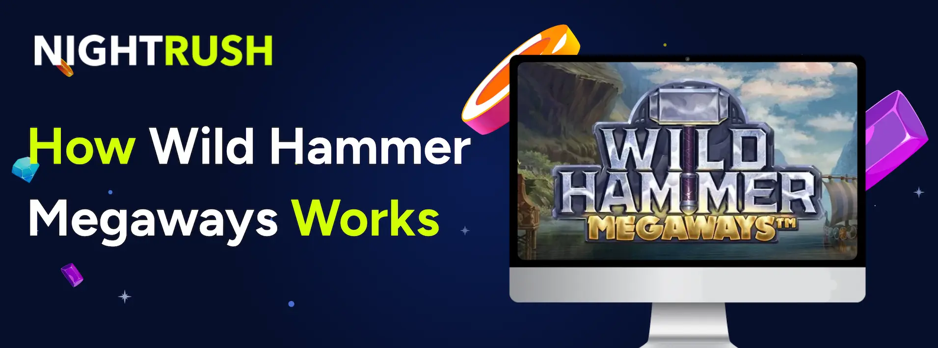 Laptop showing Wild Hammer Megaways logo & text on a blue background.