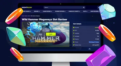 Laptop shows Nightrush website Wild Hammer Megaways Slot Review page.