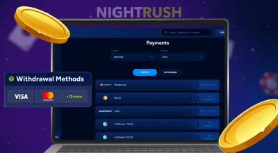 Laptop showing various withdrawal methods like Visa and Bitcoin next to floating gold coins.