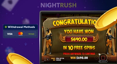 Screen showing a large CONGRATULATIONS win message for $690.00 and available withdrawal methods.