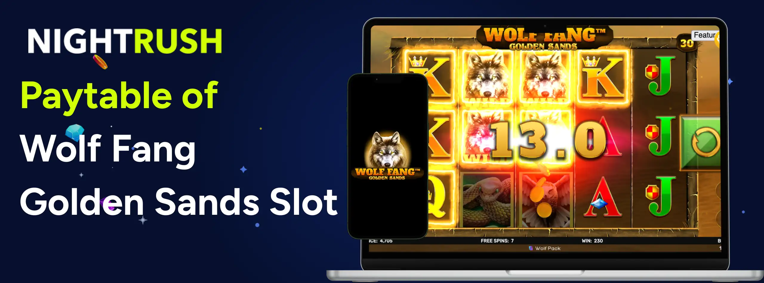 Monitor showing Wolf Fang Golden Sands gameplay with glowing wolf symbols and a win amount.