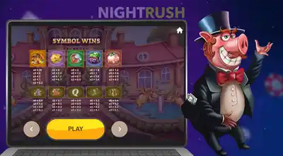 Laptop screen displaying a slot game paytable next to a cartoon pig in a tuxedo and top hat.