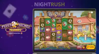 Laptop showing Piggy Riches slot game with a yellow Turbo button highlighted in the corner.