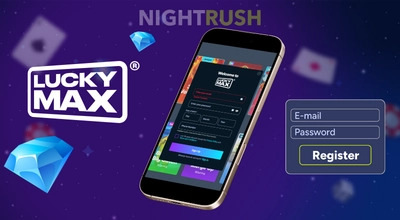Lucky Max NightRush promo showing mobile app registration with email and password fields