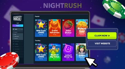 Lucky Max casino homepage with slot games grid and claim now and visit website buttons