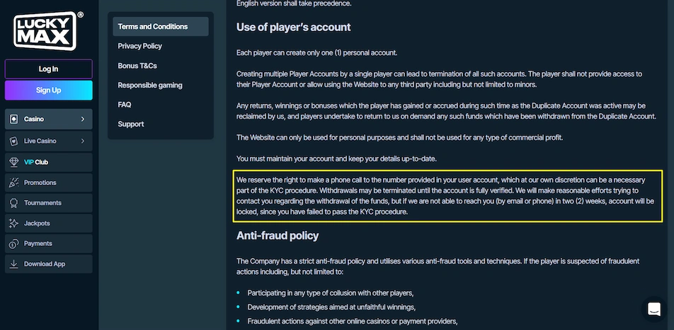 Lucky Max Casino player account terms and conditions are displayed.