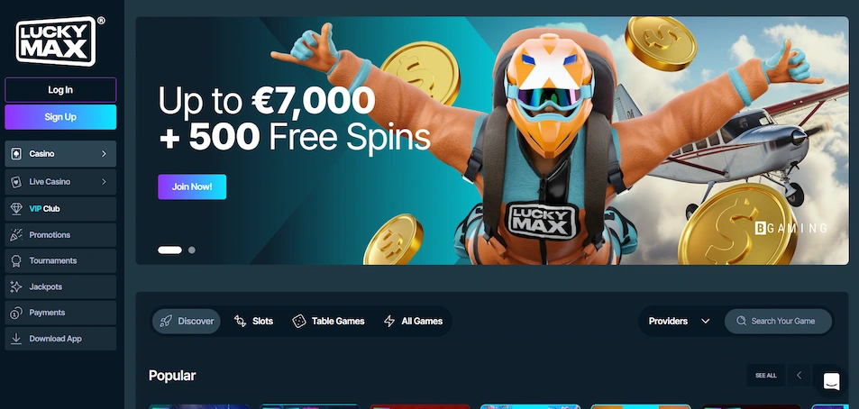 Image displaying Lucky Max casino landing page, showcasing their bonus.