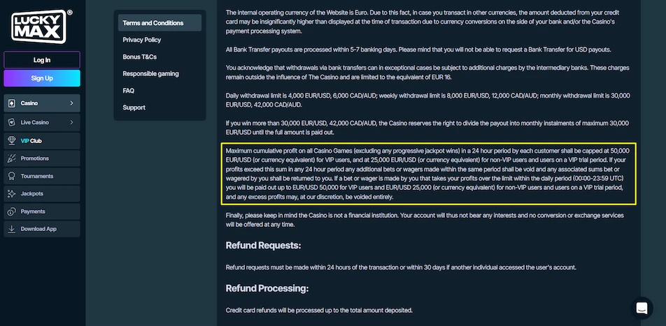 Image displaying Luckymax Casino terms and conditions.