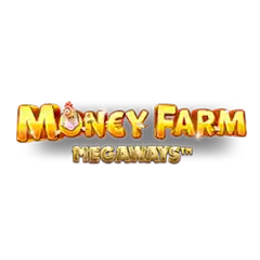 Bright yellow Money Farm Megaways logo featuring a cartoon chicken character.