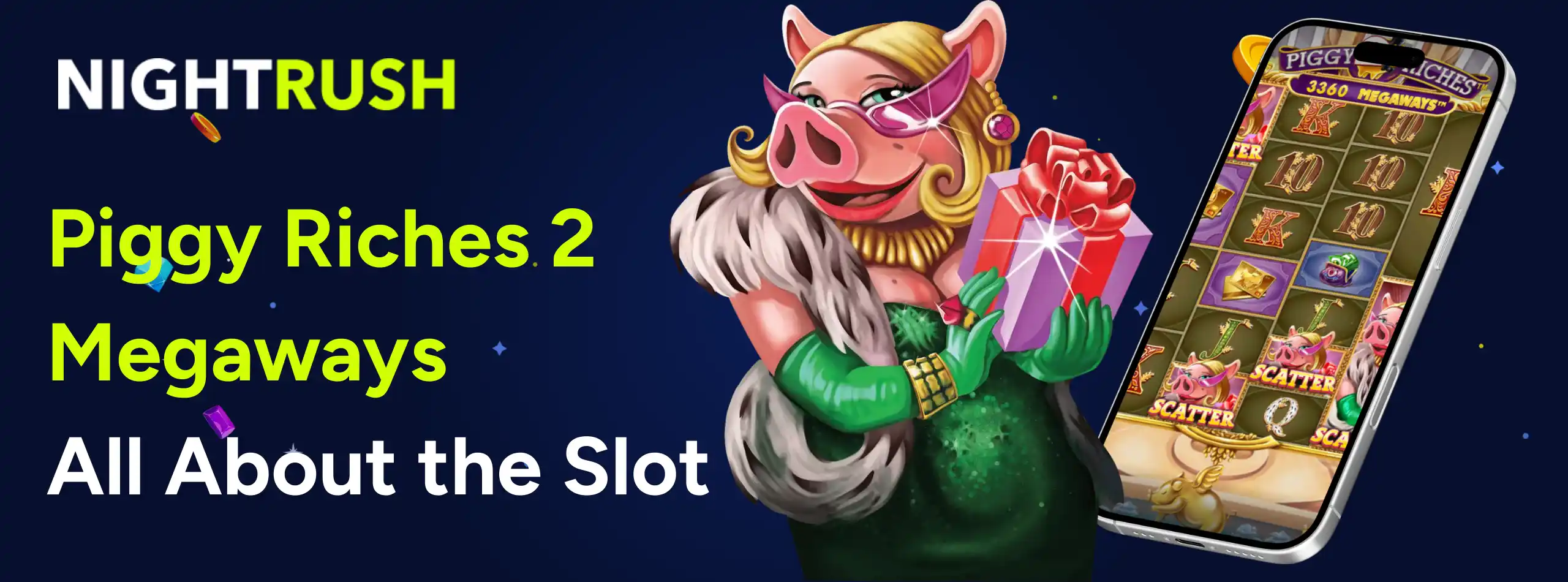 Glamorous pig character holding a gift next to a smartphone showing mobile slot gameplay.