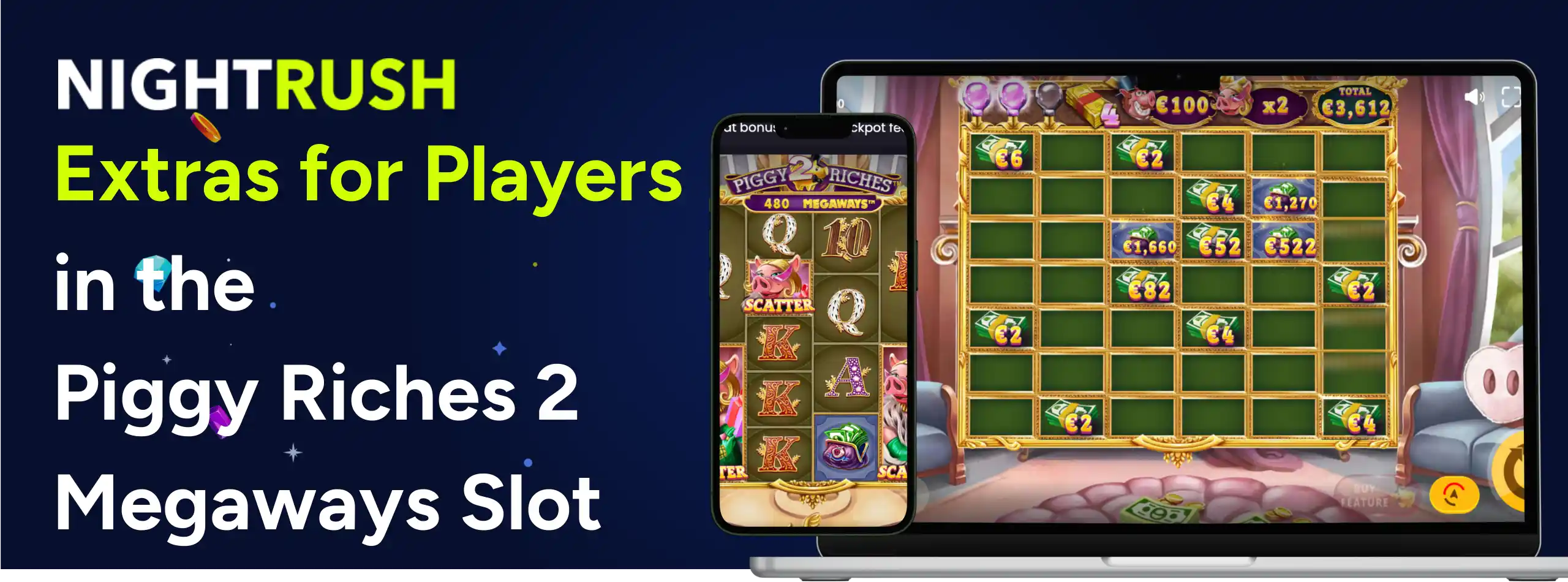 Laptop and smartphone displaying Piggy Riches 2 Megaways gameplay with cash prize symbols.