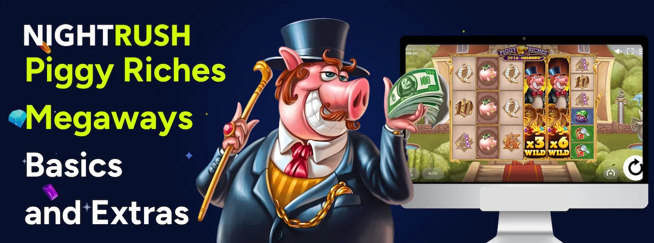 Pig character in a suit holding cash next to a laptop playing Piggy Riches Megaways.