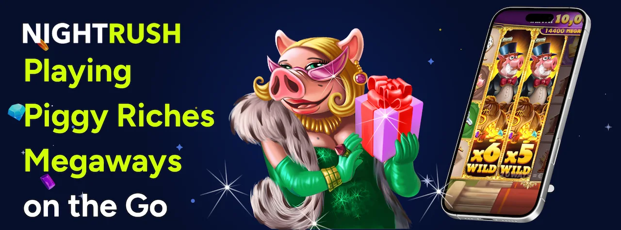 Glamorous pig character holding a gift next to a smartphone showing mobile slot gameplay.