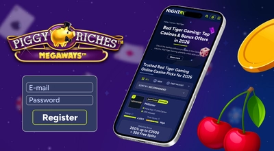 A mobile phone displaying a Red Tiger casino site next to a registration form and game logo.