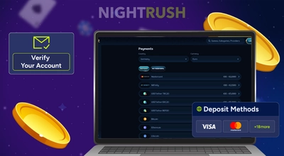 Laptop displaying casino payment methods with Verify Your Account and Deposit Methods icons.