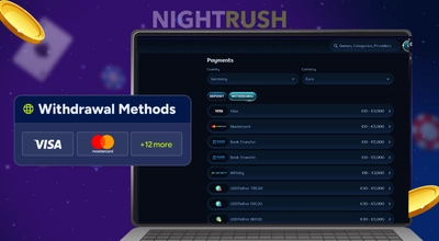 Laptop screen showing withdrawal methods including Visa and Mastercard on a casino site.